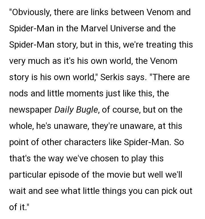 spideyupdated's tweet photo. Director of Venom 2 Andy Serkis, has stated that Venom is unaware of Tom Hollands Spider-Man.

"There are links between Venom and Spider-Man in the Marvel Universe and the Spider-Man story, but in this, we’re treating this very much as its own world" #VenomLetThereBeCarnage https://t.co/gZAdKXgCyc