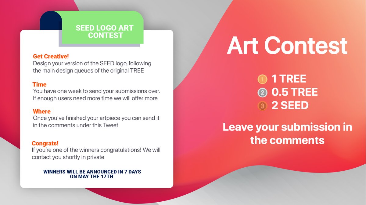 treedefi's tweet photo. 🌲Seed Art Contest!🌱

You have 1 week to redesign the SEED token icon. Use your creativity and follow the design queues of the original TREE icon. Your submission might be the next official icon!🚀

The winners will receive:

🥇 1 TREE
🥈 0.5 TREE
🥉 2 SEED

#bsc #dapp #crypto https://t.co/5z6UnZbT2w