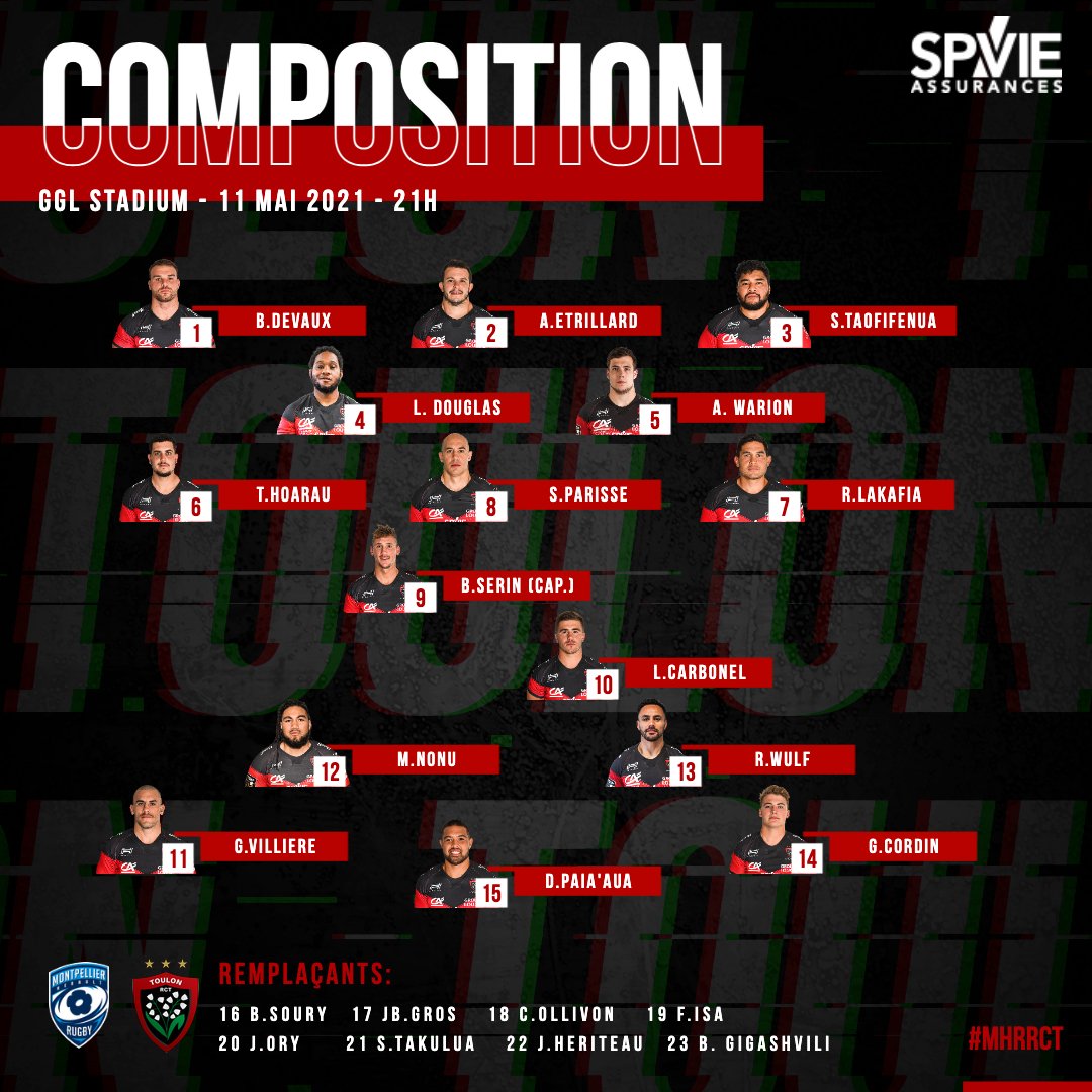 🔥𝑿𝑽 𝑫𝑬 𝑫𝑬𝑷𝑨𝑹𝑻  𝑻𝑶𝑼𝑳𝑶𝑵𝑵𝑨𝑰𝑺

<a href="/spvie/">SPVIE Assurances</a> vous présente la composition du RCT pour le déplacement de demain soir sur la pelouse du <a href="/MHR_officiel/">Montpellier Rugby</a> 

--
🗣𝐀𝐋𝐋𝐄𝐙 𝐓𝐎𝐔𝐋𝐎𝐍 🔴⚫️