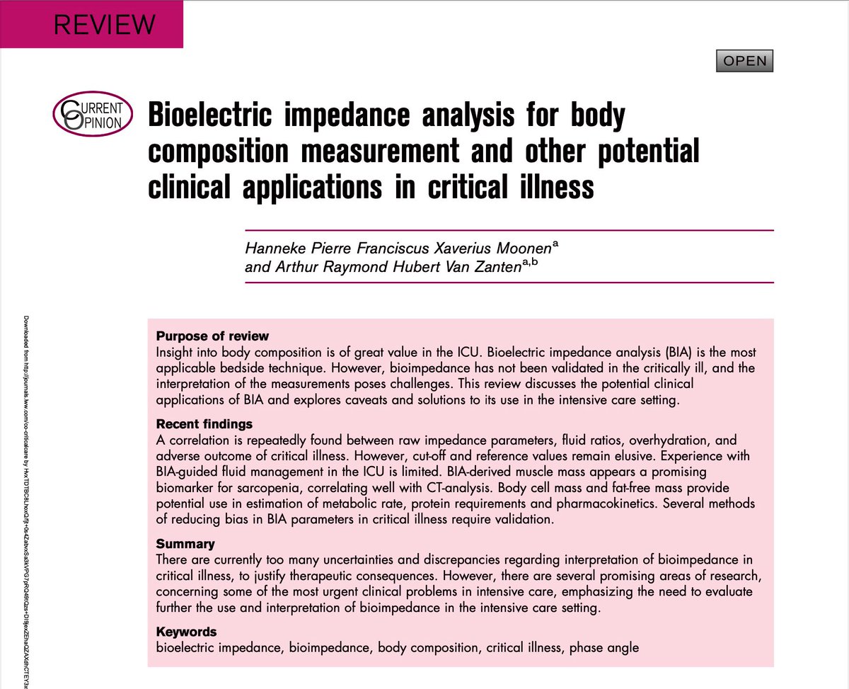 🙋‍♂️ Must Read! 1st paper in 2021 PERSONALIZING METABOLISM &amp; #NUTRITION IN #ICU Issue in Current Opinion in Critical Care! 

Best ICU BIA read ever by <a href="/ArthurvanZanten/">Arthur van Zanten</a> et al! 

Bioelectric impedance analysis (#BIA) for body composition in ICU : journals.lww.com/co-criticalcar…
#MedTwitter