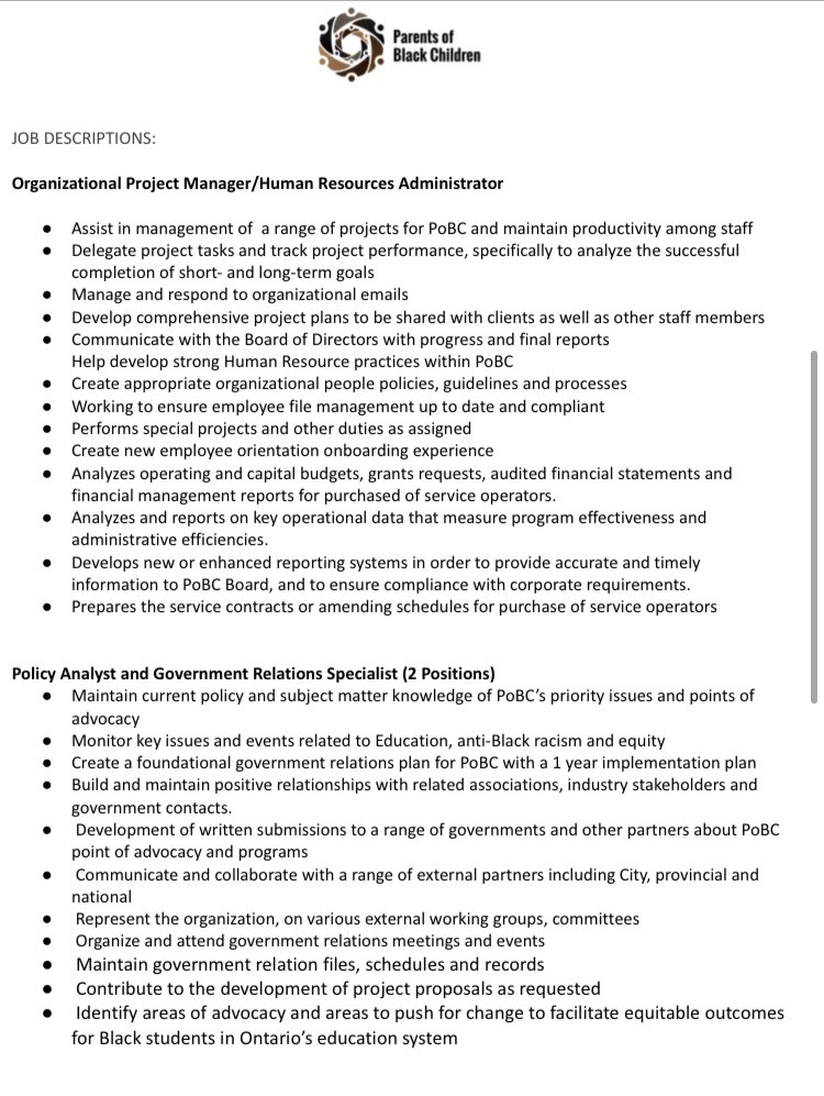 PoBCAdvocate's tweet photo. We are hiring.  We are through Canada Summer Jobs for 6 positions.  Send your resume to careers@parentsofblackchildren.org https://t.co/ddBXBy3qrP