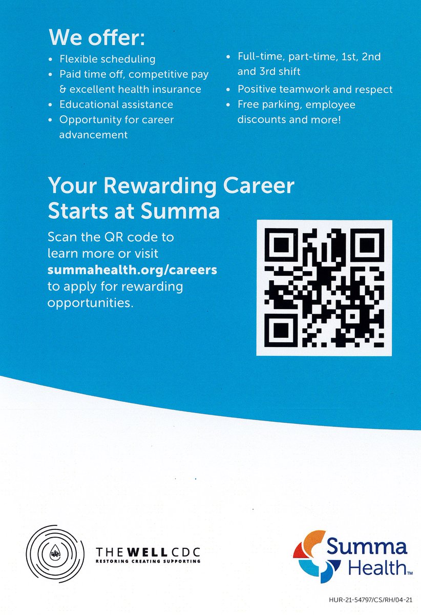thewellakron's tweet image. Interested in a career at @SummaHealth?! Throughout the month of May, there will be three opportunties to speak with a recruiter at our 221 Beaver Street location!

#TheWellAkron #Middlebury #CreatingEconomy #SummaHealth