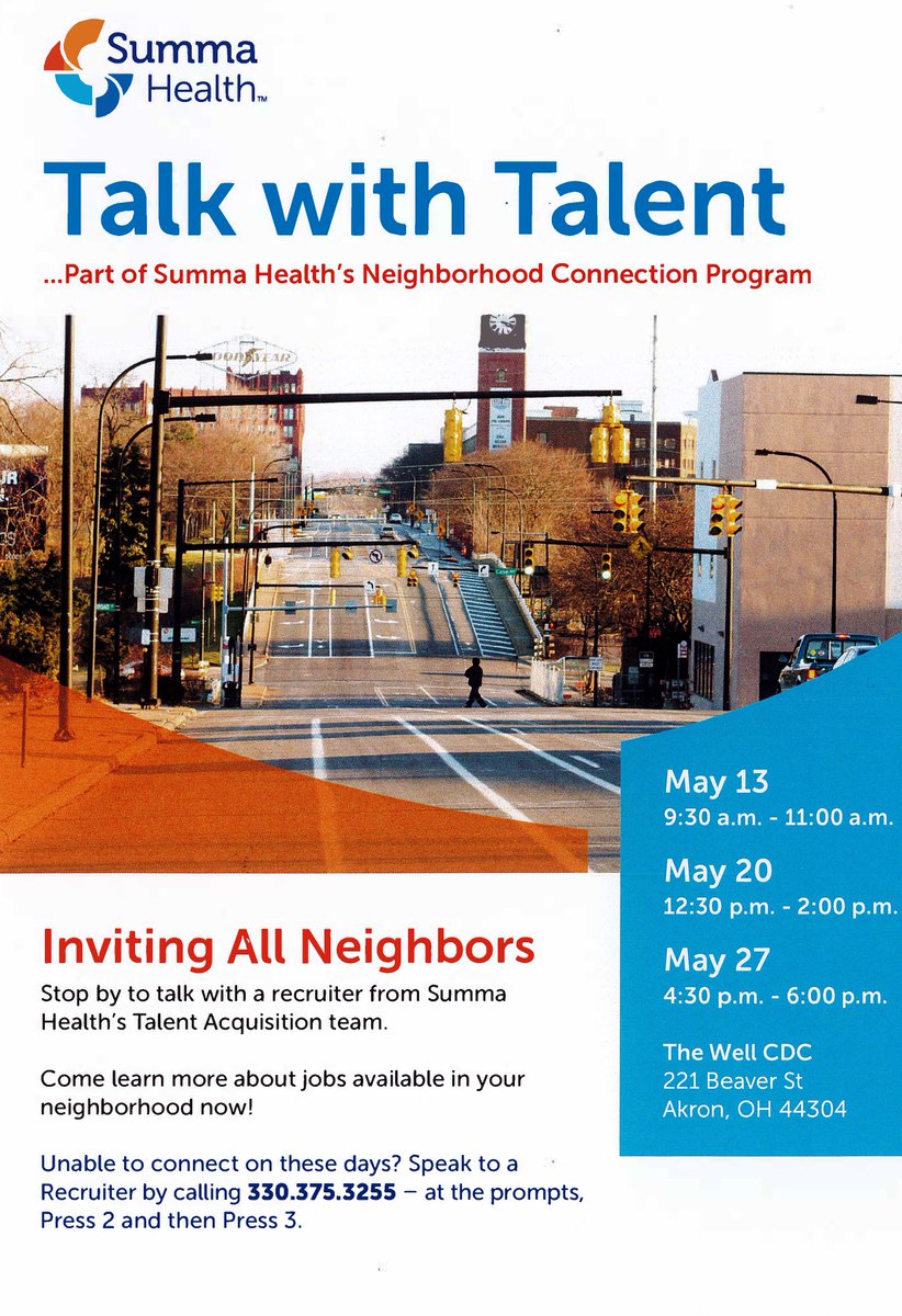 thewellakron's tweet image. Interested in a career at @SummaHealth?! Throughout the month of May, there will be three opportunties to speak with a recruiter at our 221 Beaver Street location!

#TheWellAkron #Middlebury #CreatingEconomy #SummaHealth