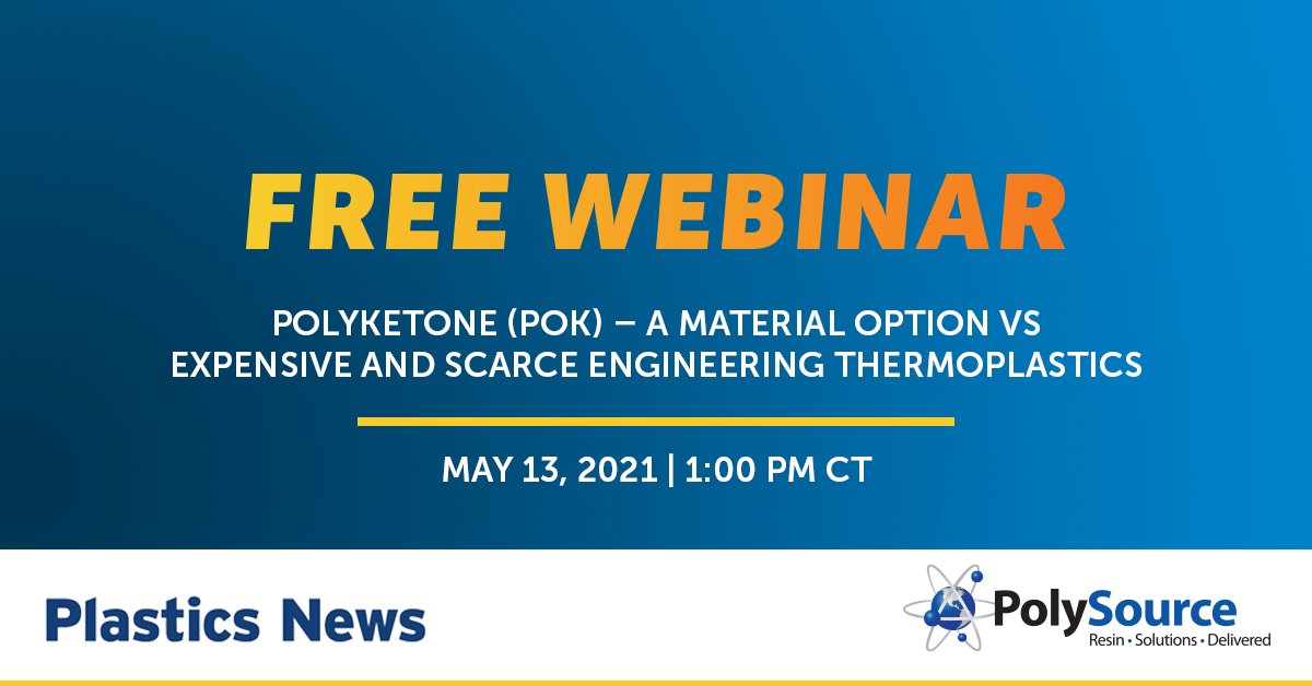 PolySourceNews's tweet photo. Are you feeling the effects of a limited supply and increasing prices of engineering resins? 
Join us on May 13 for a free @plasticsnews webinar, where we will discuss the advantages of POK vs. other engineering thermoplastics and more. Sign up here: https://t.co/zfniX7xAyE

#POK https://t.co/3JWkfDcwvF