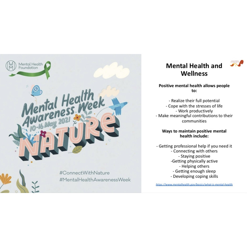 It is officially Mental Health Awareness week!

What is Mental Health? 

Tune into our socials this week as we will be participating in this year's theme with the Mental Health Foundation. 

#MentalHealthAwarenessWeek #ConnectWithNature