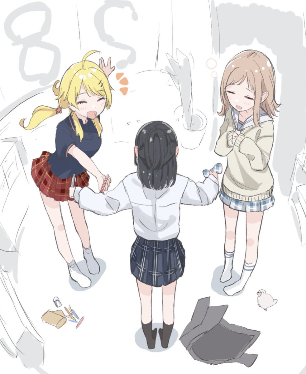 hachimiya meguru ,kazano hiori ,sakuragi mano 3girls skirt multiple girls blonde hair plaid skirt plaid black hair  illustration images