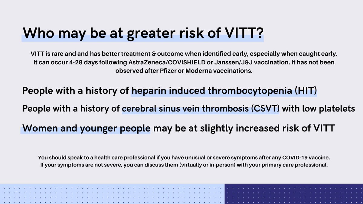 The experts  @COVIDSciOntario do caution that those with a history of heparin-induced thrombocytopenia (HIT), cerebral sinus vein thrombosis (CSVT) with low platelets, and potentially women and younger people may be at a slightly increased risk of VITT. http://bit.ly/VITT-May7 