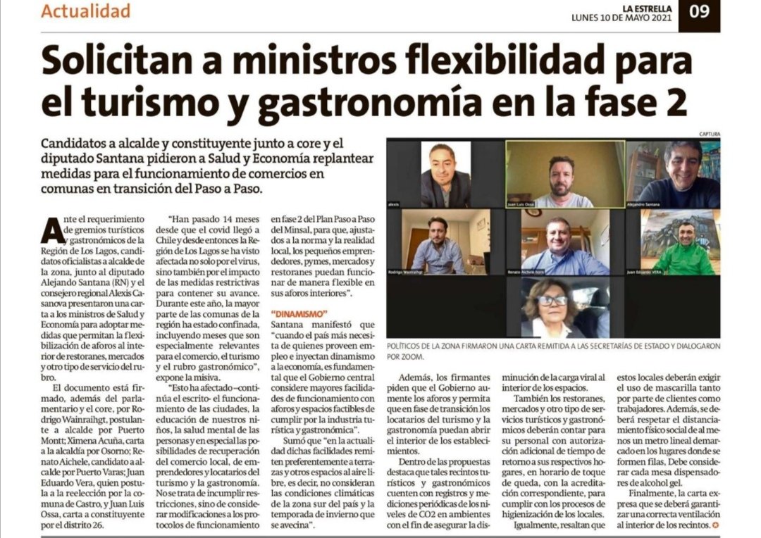 🔰El diario <a href="/estrellachiloe/">Estrella de Chiloé</a> destaca nuestra iniciativa que busca flexibilizar protocolos de funcionamiento para restoranes, mercados y otro tipo de servicios turísticos y gastronómicos de la región de Los Lagos.

Esperamos tener una pronta y favorable respuesta del Gobierno.
