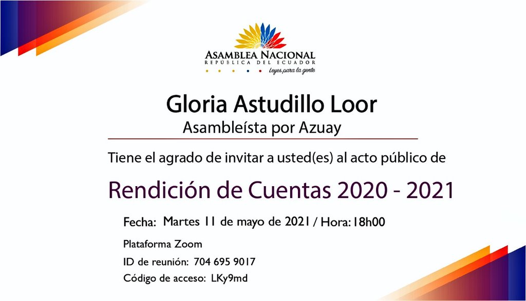 Les invito a que me acompañen este martes 11 de mayo, 18h00, al acto público de Rendición de Cuentas.
Será un agradable encuentro de diálogo, reflexión y participación.
Les espero 🤗