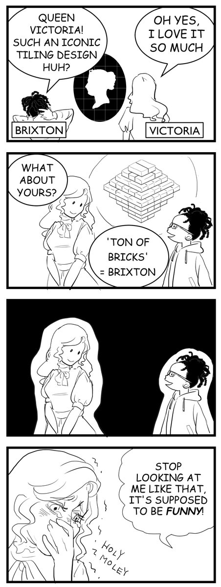 Anthropomorphism of Brixton and London Victoria stations. The stinging dad's joke. 🤣
ロンドン地下鉄駅擬人化。ブリクストンとロンドンヴィクトリア駅。むせ返るような親父ギャグの入ったタイル模様にヴィクトリア泣くw 