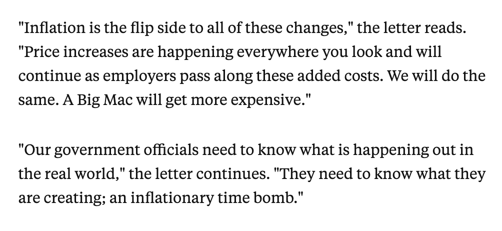 The group has an interesting look at the positives — customers have more money to spend at McDonald's — and potential drawbacks, like more expensive Big Macs  https://www.businessinsider.com/mcdonalds-franchisees-blame-labor-shortage-on-unemployment-benefits-2021-5