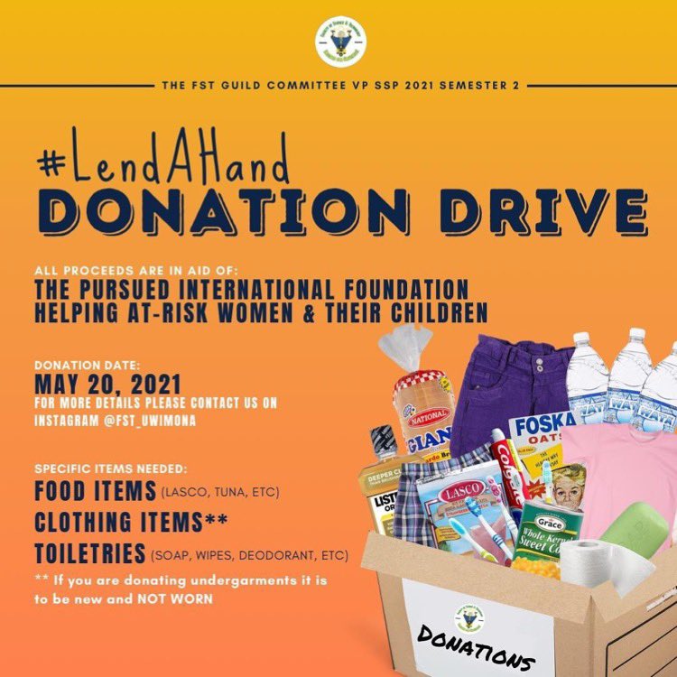 damullingstweet's tweet photo. As the semester draws to a close, let us give pay it forward by helping those in need!
#LendAHand by making a donation to our drive in aid of The Pursued International Foundation. All proceeds will aid at-risk women and their children.
@fst_uwimona
#FacultyOfGreatness✨ https://t.co/HPgGSZ3Xi6