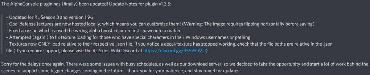 AlphaConsole's tweet image. We are alive! The AlphaConsole plugin has been updated! Update Notes for plugin v1.3.5 are attached. Download at bakkesplugins.com/plugins/view/1…