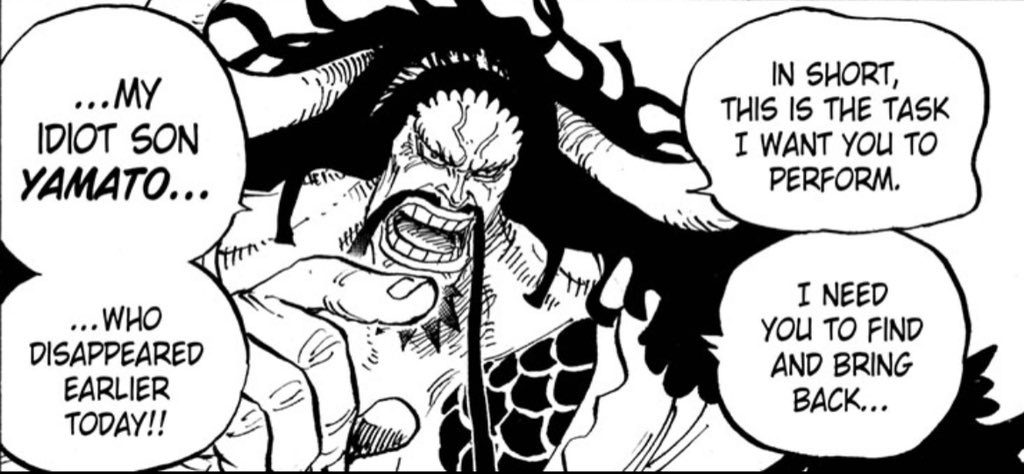 And we also know that Kaido is the type of father who plans out his child’s future with little regard to what the child may actually want. Kaido’s a demanding, “might equals right” type of individual. So I think know what Yamato flashback may entail.