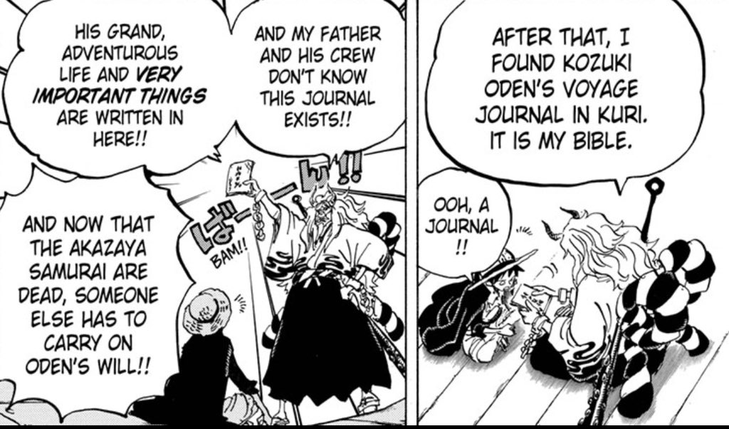 This adds yet another form of control and restriction that Kaido has over Yamato’s freedom. However, Yamato becomes hopeful when finding and reading oden’s journal. Oden’s adventures inspired Yamato to eventually go out to sea and finally be in control of her own freedom.