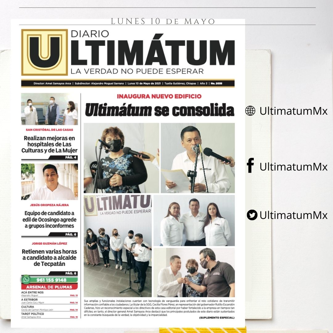 UltimatumMx's tweet photo. #Lunes #10Mayo
💢#LaVerdadNoPuedeEsperar Inauguración nuevo edifico.
💢@RutilioEscandon Realizan mejores hospitales en #SanCristobal
💢@JesusOropezaNaj Agresión por parte de candidato a edil de #Ocosingo
💢#Retienen varias horas a #candidato https://t.co/j9aRLM9or4 https://t.co/1GcV03KTOa