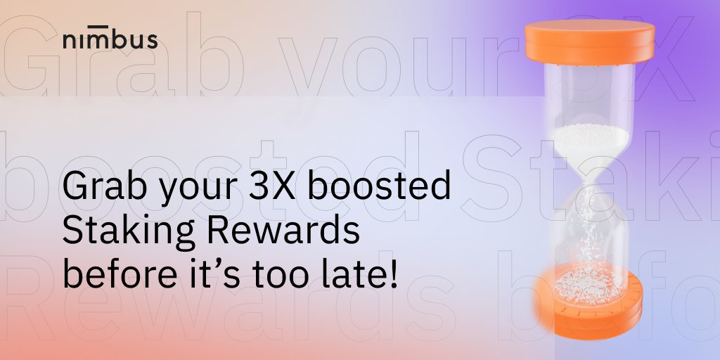 📢ALERT! Only 2 weeks left for the increased #Staking #reward program🔥

But even today, if you stake NBU for 60 or 180 days, you will still receive the 30-40% APY for the remaining ~45 or ~165 days, accordingly.

Stake Now - win up to 3X the Rewards!😎👇 app.nimbusplatform.io/#/staking