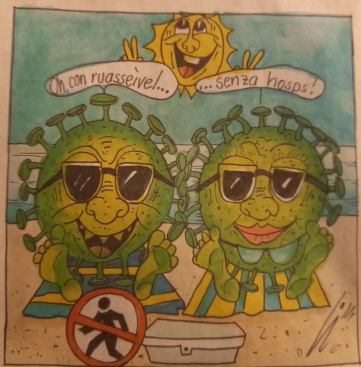 Kann mir irgendjemand erklären wass zur Hölle in dem Cartoon abgeht?

WARUM SIEHT DIE SONNE SO AUS?WARUM HAT COVID FÜSSE?WARUM HAT DAS EINE VIRUS EINEN BIKINI AN???!! ARGHHH!!!

(Übersetzung "oh wie ruhig ohne Gäste!)