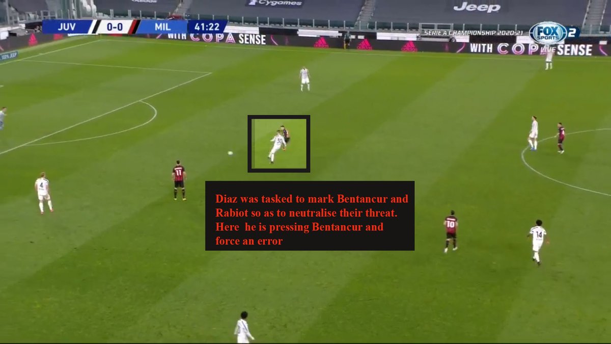 THE SELECTION OF DIAZHere is a breakdown of why Diaz was chosen by Pioli. As we saw in the earlier tweet, Bentancur dropped off to form passing triangles with the CB. With Zlatan not able to press like before Pioli opted to put Diaz and press the Juventus midfield 2 and it work