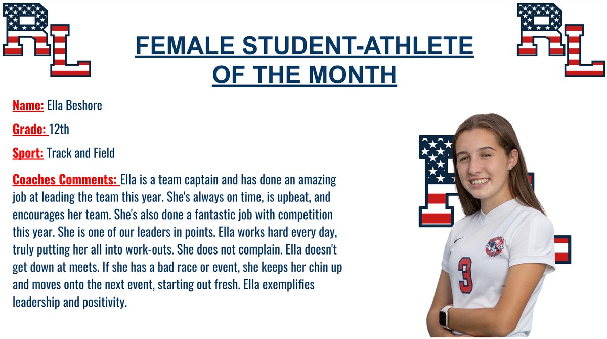 RedLand_AD's tweet photo. Congratulations to our Female Student-Athlete of Month for April - Ella Beshore! https://t.co/vsnMuazpje