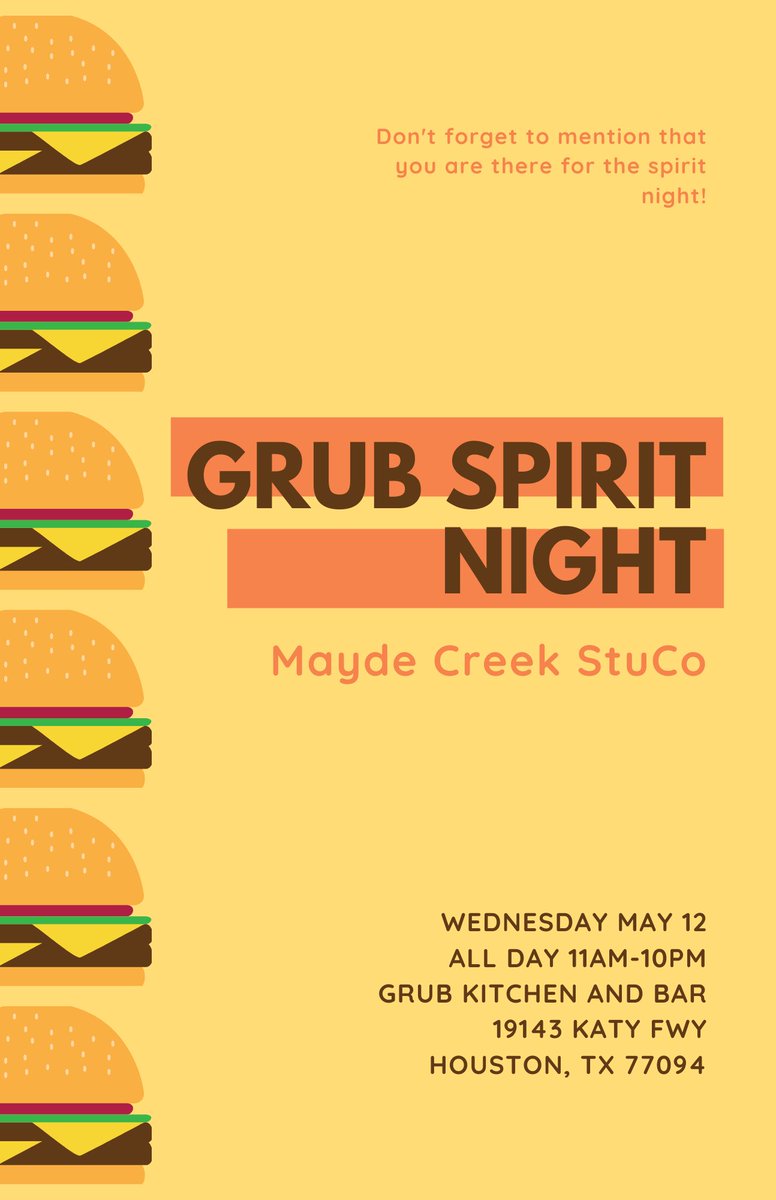 Mayde Creek StuCo is hosting a Spirit Night at Grub on Wednesday, May 12. It is all day from 11 am to 10 pm, just order and say you are with Mayde Creek! We hope to see you there!  grubkitchenandbar.com/stores/https-g…