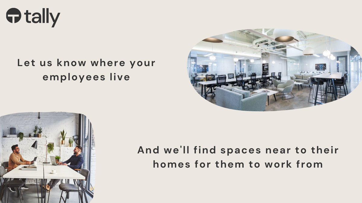 Looking for workspace for your team? 

At @tally_market , we find workspace close to each of your employees' homes so they can work where they want, when they want.  

Find out more at tallymarket.co.uk

#workspace #officespace #hiring