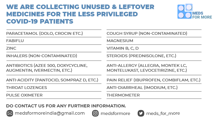 meds_for_more's tweet photo. Do you or anyone you know have LEFTOVER or UNUSED COVID-19 medicines? Together let’s help those in need. 

Here is a list of the most common requirements.

#medsformoreindia #covid_19 #covidindia #covidindiasupport #covidresourcesindia #covidindiainitiative #indiavscorona https://t.co/kULL9z4HTb