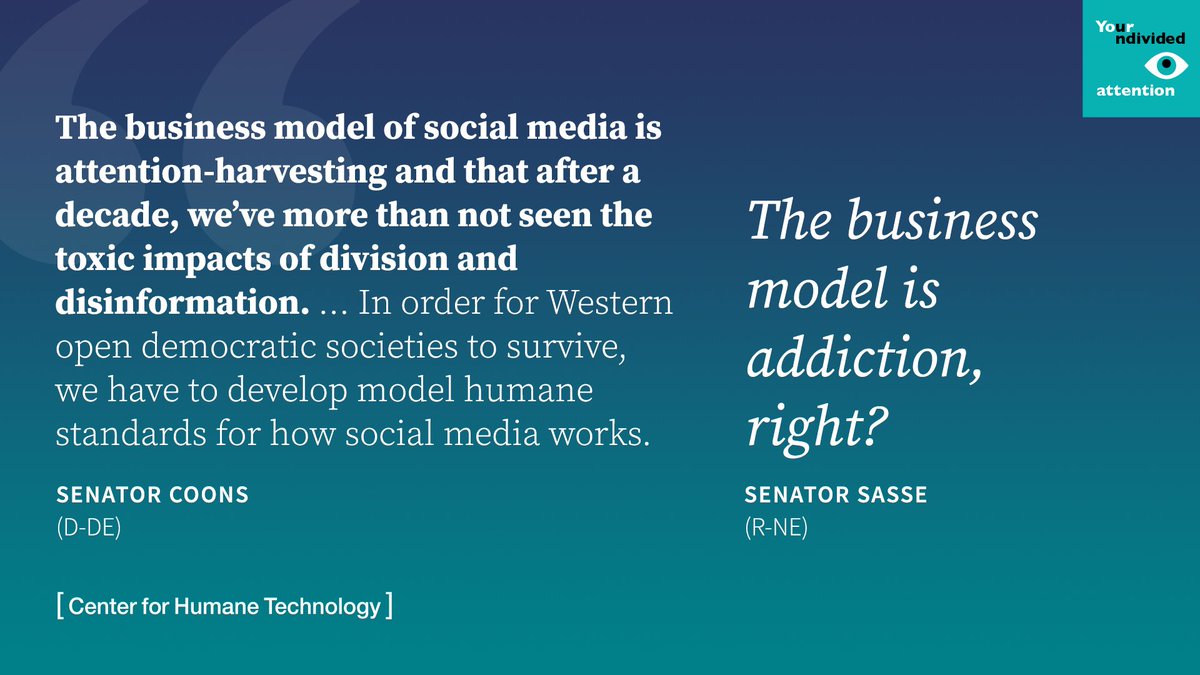 HumaneTech_'s tweet photo. On April 27 @tristanharris testified again before the U.S. Senate on the harms caused by social media algorithms. In this special episode of #YourUndividedAttention, he and @aza explore what was different this time, and discuss where to go next. Listen: https://t.co/0GCHhu02rZ https://t.co/wlHQ6MUynb