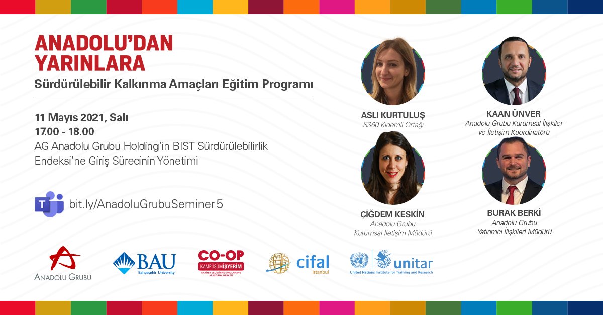 AnadoluGrubu's tweet photo. Sürdürülebilir Kalkınma Amaçları Eğitim Programımızın 5. seminerinde, sürdürülebilirlik endekslerinde yer almanın önemini ve Holdingimizin BIST Sürdürülebilirlik Endeksi’ne giriş sürecini anlatacağız. Bağlantı linki: https://t.co/77g5CeqPjQ @Bahcesehir @BAUCOOP @CIFALlstanbul https://t.co/Zemq7vhACh