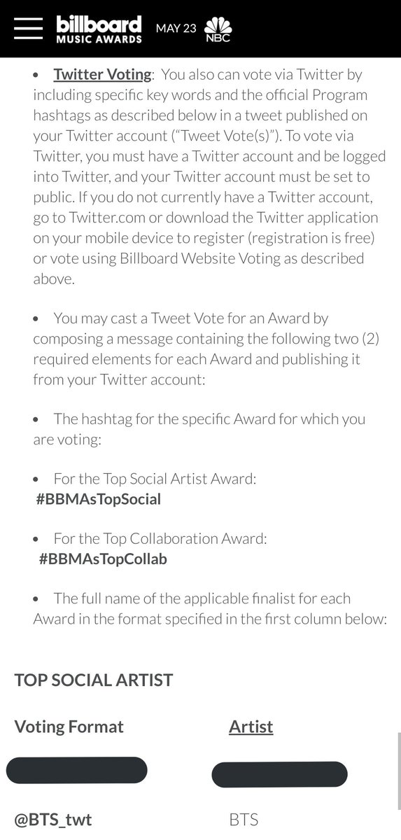 Here's a thread explaining how to vote for  #BTS   for Top Social Artist on Twitter for the  #BBMAs  Details released on( https://www.billboardmusicawards.com/voting-rules/ )+ @BTS_twt  #BBMAsTopSocial