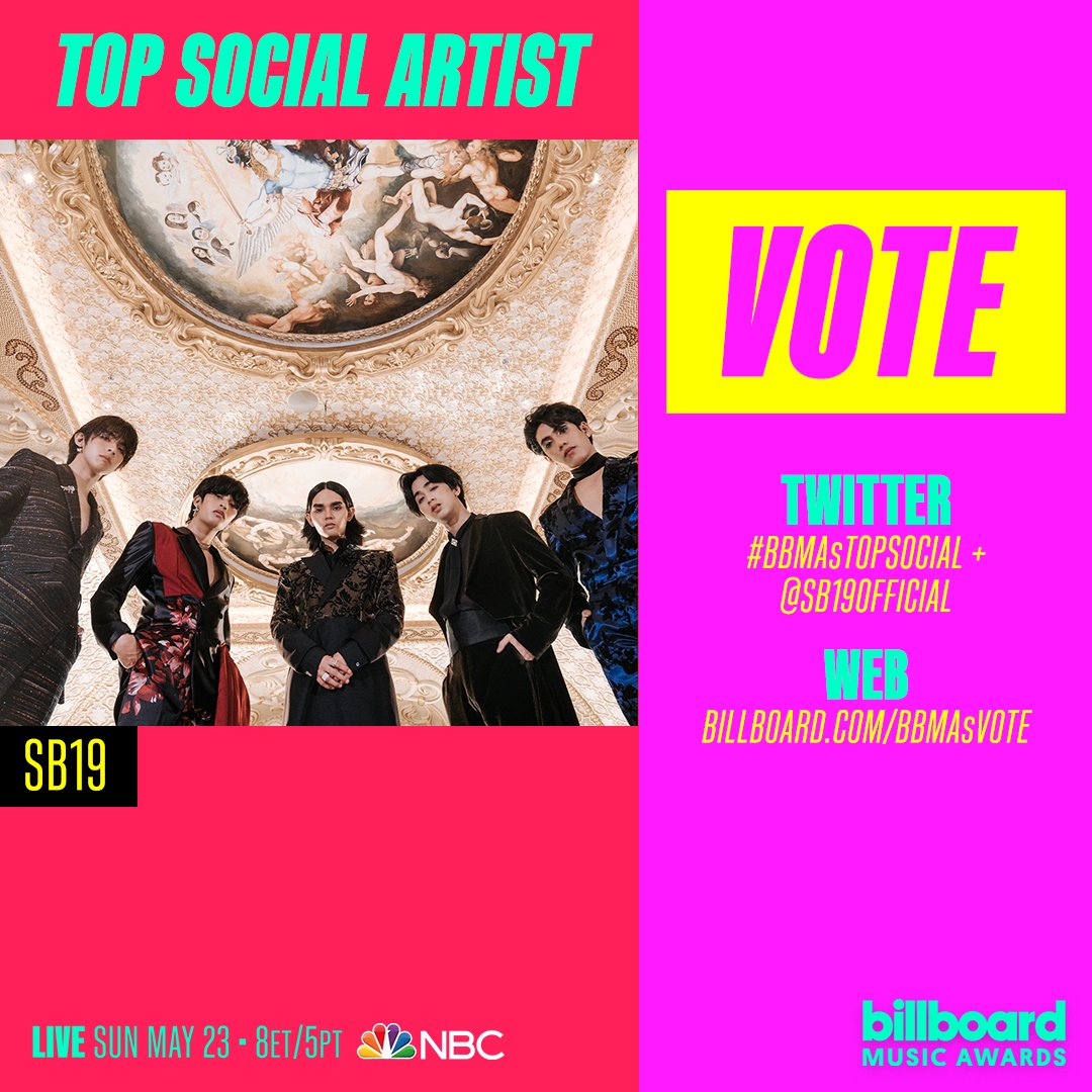 We're so excited to be a finalist for Top Social Artist at the @BBMAs! Just tweet @SB19Official + #BBMAsTopSocial and/or visit billboard.com/BBMAsVote to vote up to 10 times per day, per platform. Let's raise our flag together, Pilipinas! 🇵🇭 👆