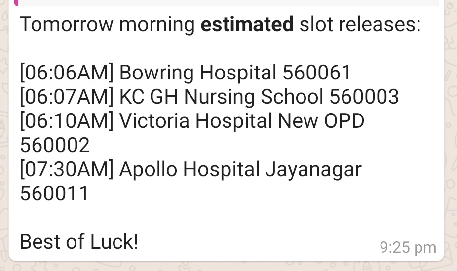 This what it has been reduced to. Checking Whatsapp groups where good Samaritans are sharing estimated timings of vaccine slot release.