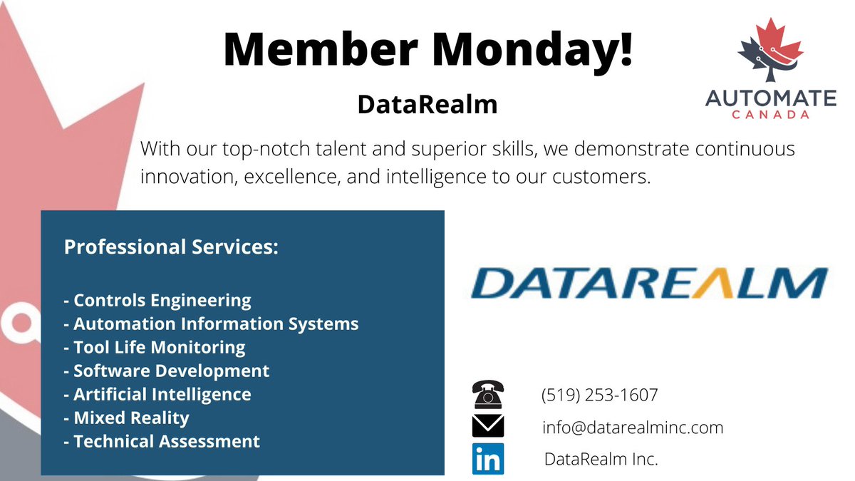 AutomateCanada's tweet photo. Happy Member Monday!

@DataRealmInc handles every point in the systems integration process, from design to deployment, providing support throughout and after the project.

Find out more about them here:
https://t.co/2aJ9pxt441

#automatecanada https://t.co/sfjS3scgcu
