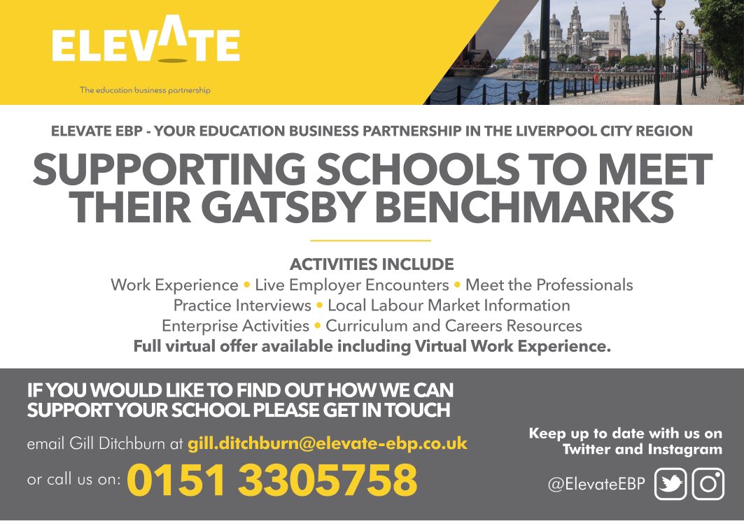 Elevate EBP - your Education Business Partnership for #LiverpoolCityRegion. Get in touch if we can help your school! #careers #gatsbybenchmarks #employerencounters #experiencesofworkplace