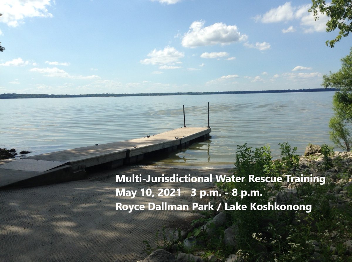 RockSheriffWI's tweet image. Local law enforcement agencies and fire departments will train water rescues on Lake Koshkonong tonight, May 10, 2021. Operations will be based out of Royce Dallman Park. This is a scheduled Multi-Jurisdictional Water Rescue Training. There is no actual water rescue underway.