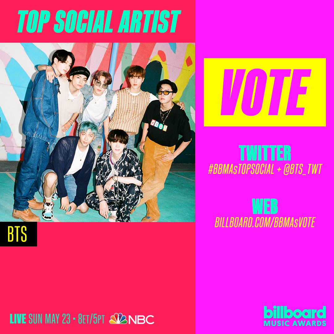 USBTSARMY's tweet photo. [🗳️] Voting for 'Top Social Artist' for the 2021 Billboard Music Awards has now started.

Ways to Vote⬇️
Website: https://t.co/byQFD9Ebwt
Twitter: I vote @BTS_twt for #BBMAsTopSocial 

💜 10 votes/day per platform + acct
💜 RT to vote
💜 Voting ends May 21 @ 11:59 pm PT.

#BTS https://t.co/reOdIsd1IV