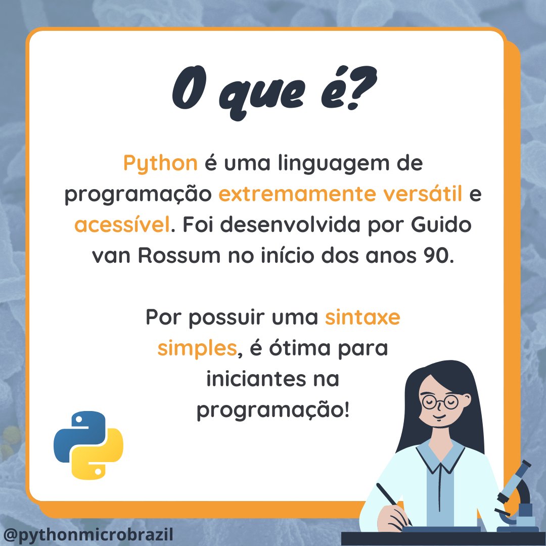 pythonmicrobra1's tweet image. Olá, pessoal! Seguem algumas informações sobre conceitos e aplicações da linguagem Python 💻 Lembrando que este será um workshop introdutório para pesquisadores da área de Microbiologia 🔬
#pythonworkshop #programming #microbiology