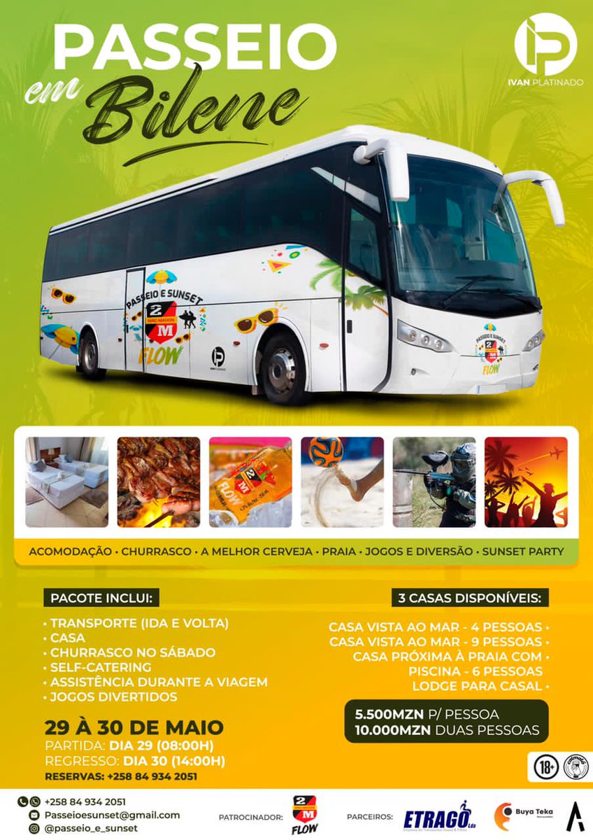 kamanekamas's tweet photo. Dia 29 de Maio vamos a Bilene com muito Flow 🍻 
Passeio em Bilene 🚎🧳
Reservas Limitadas 📌
@passeio_e_sunset https://t.co/VclndNCPXG