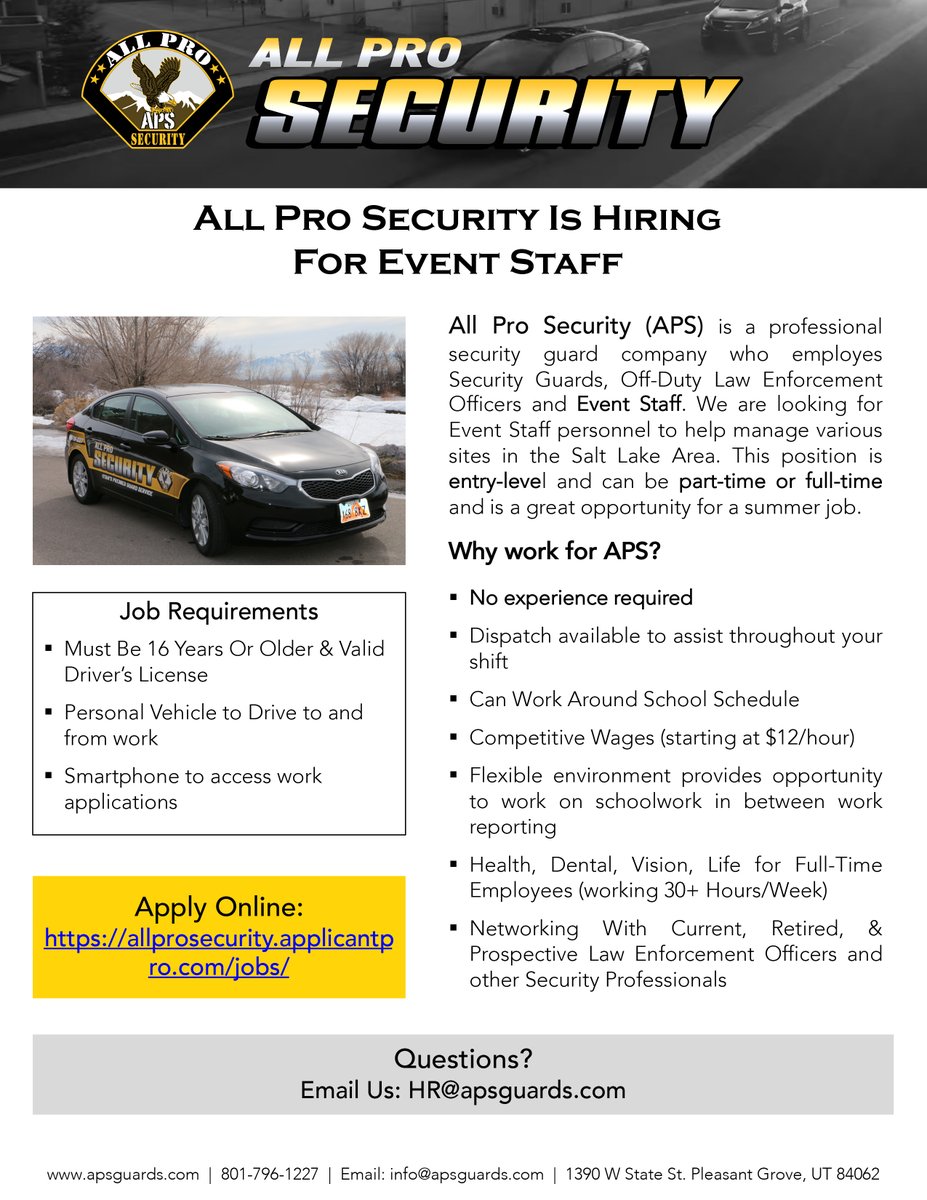 APLS_Utah's tweet photo. More job opportunities with our parent company: All Pro Security. https://t.co/Itq1BPHX8y