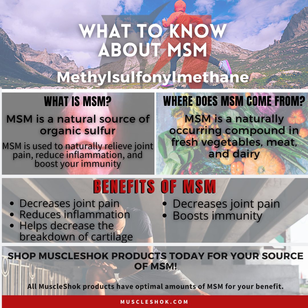 MuscleShok's tweet photo. MSM is an ingredient that is often overlooked, but very beneficial when used topically. It is a natural, sulfur-containing compound used to relieve joint pain, reduce inflammation, and boost immunity. https://t.co/bDTTy8YXKn