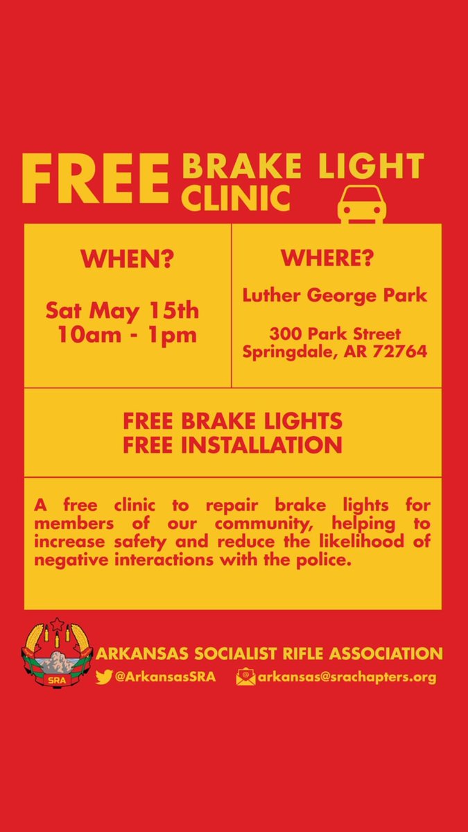 ArkansasSRA's tweet photo. This Saturday in Springdale we're having a break light clinic. Spread the word, and save a life! https://t.co/g0Odc3EShT
