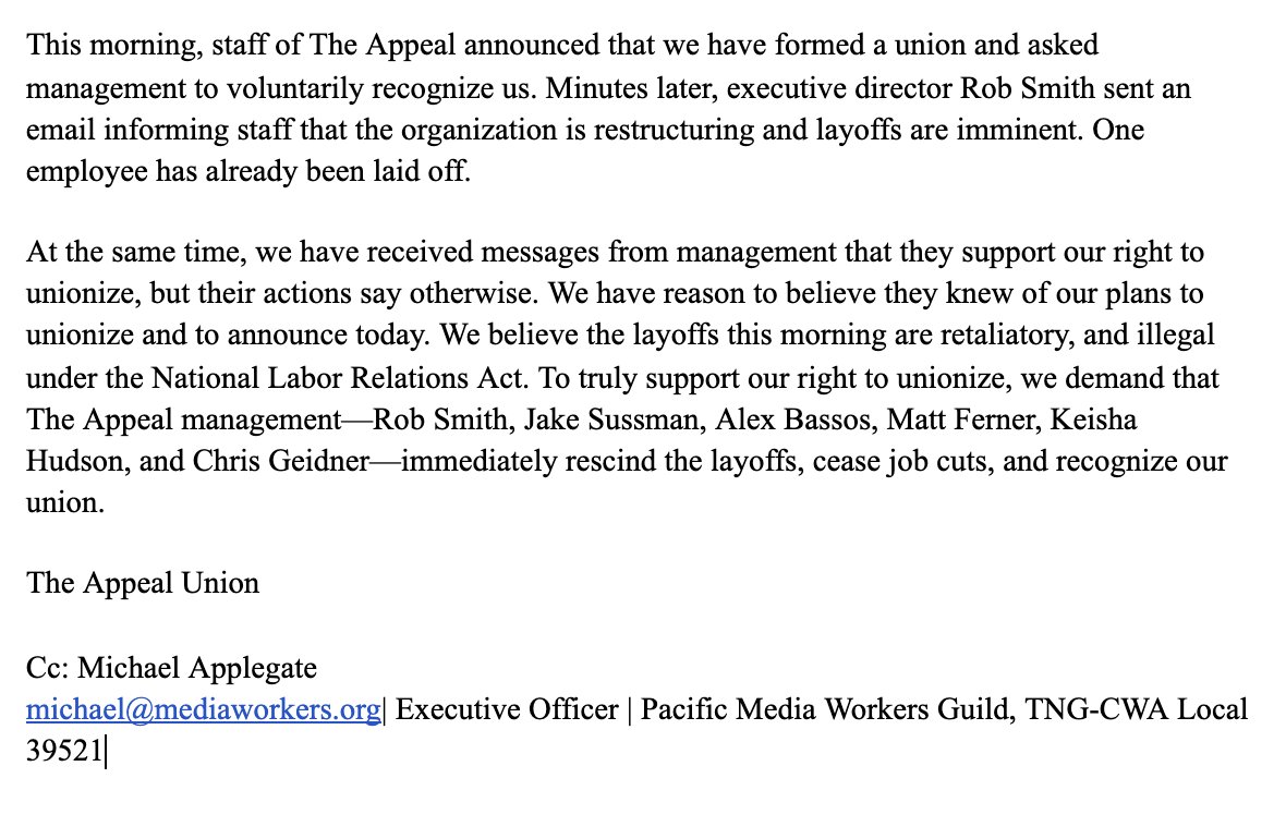 Nosotros, @theappealunion, estamos pidiendo a la dirección de @theappeal que rescinda inmediatamente los despidos, cese los recortes de empleo y reconozca a @theappealunion. Creemos que estos despidos son represalias e ilegales. https://t.co/nDMKoD1Pup