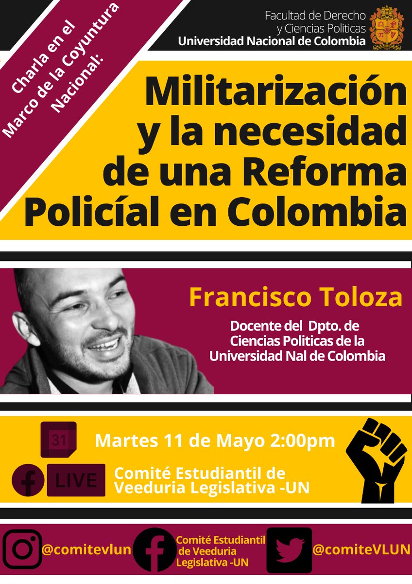 PachoTolozaF's tweet photo. Como parte de mi labor docente en @UNALOficial y del #ParoNacional estaré compartiendo por invitación de @ComiteVLUN sobre #ReformaPolicialYa 
Debate urgente para que #ParenLaMasacre 

https://t.co/9KsQLrsmZz https://t.co/XorfmlNUXm