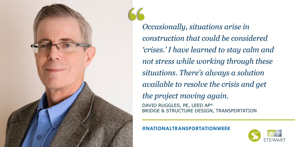 StewartInc's tweet photo. David Ruggles, PE, LEED AP®, has been at Stewart for 25 years and is an integral member of the transportation practice team. His expertise has evolved from bridge to roadway to traffic control design. #NationalTransportationWeek https://t.co/k5VHH4uqdm