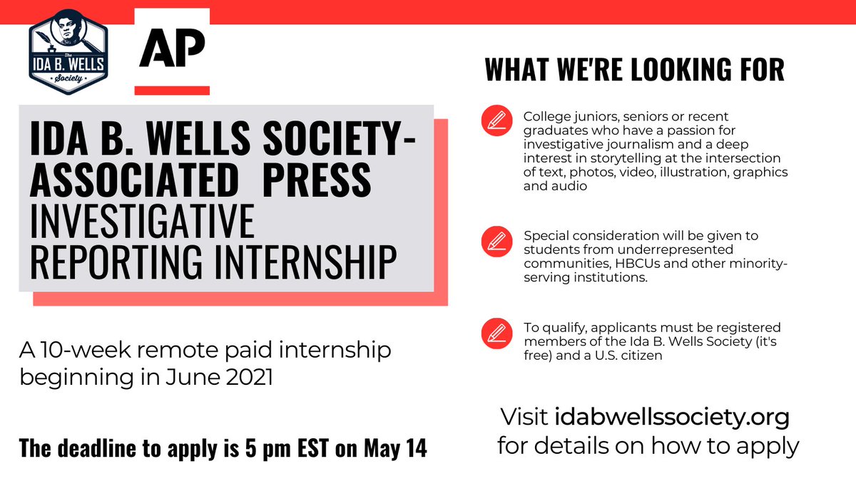 Last week to apply for the @IBWellsSociety and @ap investigative reporting internship. The deadline is Friday.