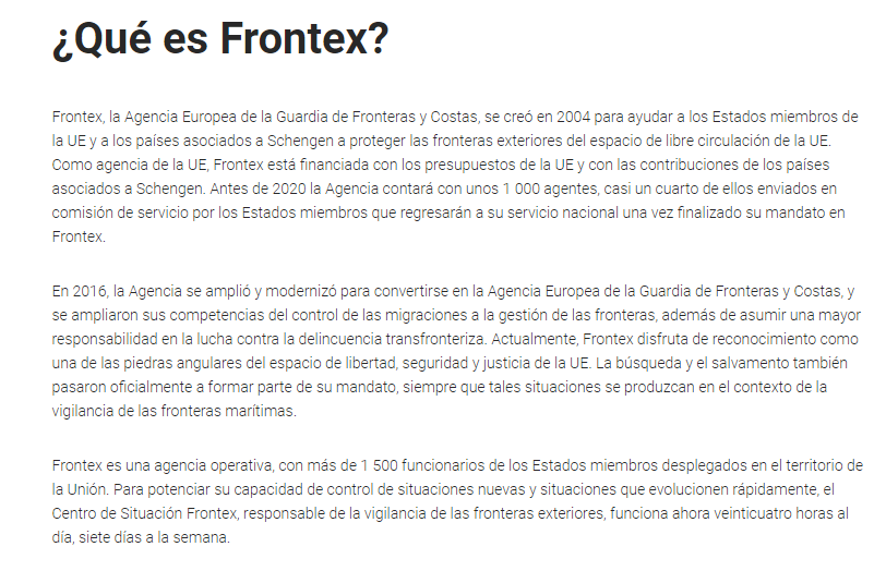 Hace unos días lanzaba este tuit. Así q al lío! Empecemos con el hilo Empezemos presentando a  @Frontex , Agencia Europea de la Guardia de Fronteras y Costas. Aquí enlace su página  https://frontex.europa.eu/es/ D momento parece todo correcto y muy bonito, no? Sigamos leyendo 1/  https://twitter.com/MayordomoAlbert/status/1390967463030972417
