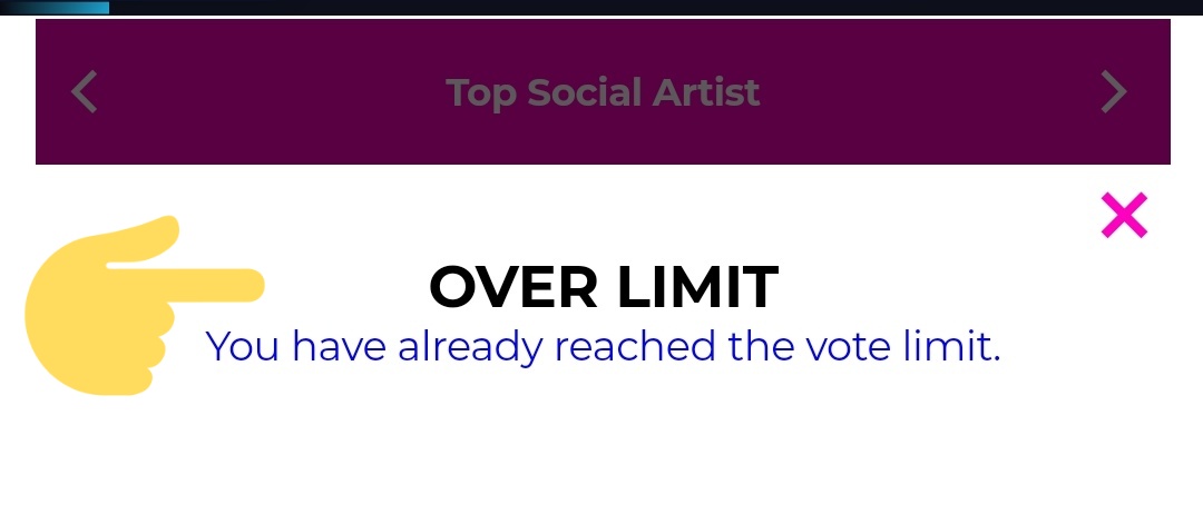 6. Klik 'VOTE AGAIN' sampai 10x (pic 1)7. Jika telah mencapai limit 10x vote akan muncul notifikasi 'OVER LIMIT' (pic 2)jika sudah kalian bisa login dengan akun yang lain