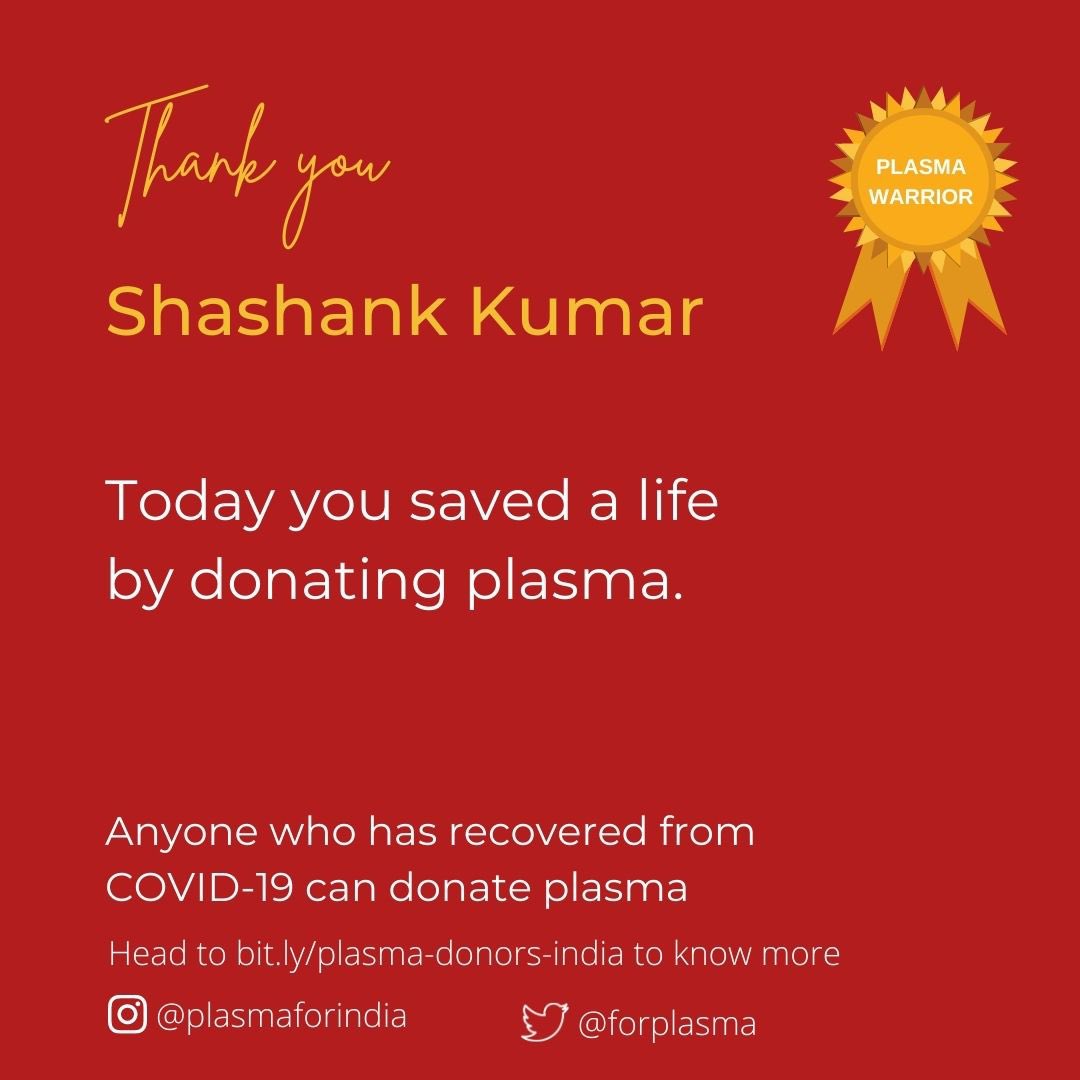 ForPlasma's tweet photo. #letshearfromdonor
Thank you Shashank for your valuable feedback 🙏
.
.
@Nikdraws @monstermathur @atulaak @tarun_firodiya @BuliaSiddharth 
.
.
#CovidIndia #COVID19 #plasma #PlasmaDonor #PlasmaDonation https://t.co/SLkHJx5SkB
