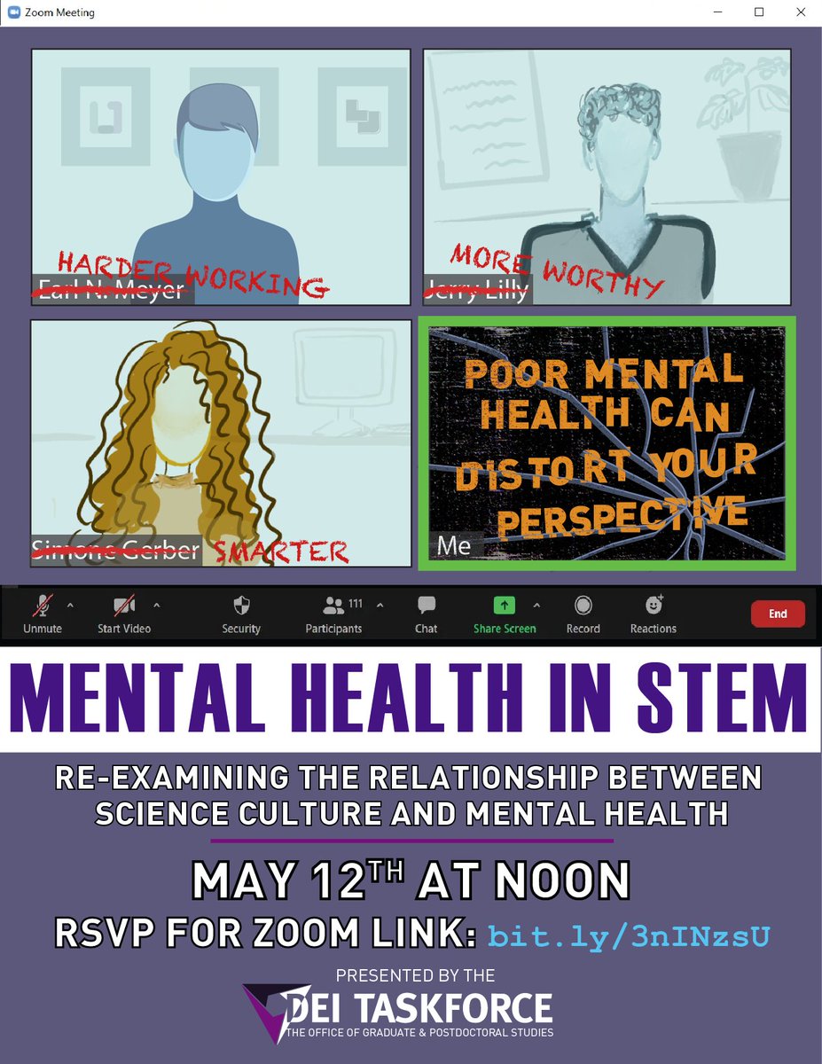 DeiTaskforce's tweet image. Poor mental health among science researchers is becoming a crisis. Please join the DEI Taskforce this Wednesday @ Noon for an in-depth discussion about Mental Health in STEM! RSVP here for the zoom link:  bit.ly/3nINzsU
