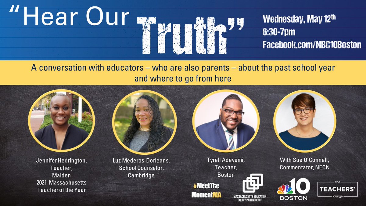 SraCardamone's tweet photo. Join #MassEduEquity Partnership and @NBC10Boston on Wed. 5/12 at 6:30 for a conversation w/3 brilliant educators (incl. #MATOY @JenHedrington) who are also parents. Hear their reflections on the past school year & where to go from here: https://t.co/vTyGbujqER. https://t.co/601vc8Axz5